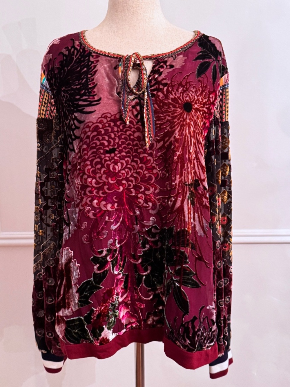 Hale Bob Burnout Velvet Floral Top Tie Neck Mixed Print Sleeves Size M